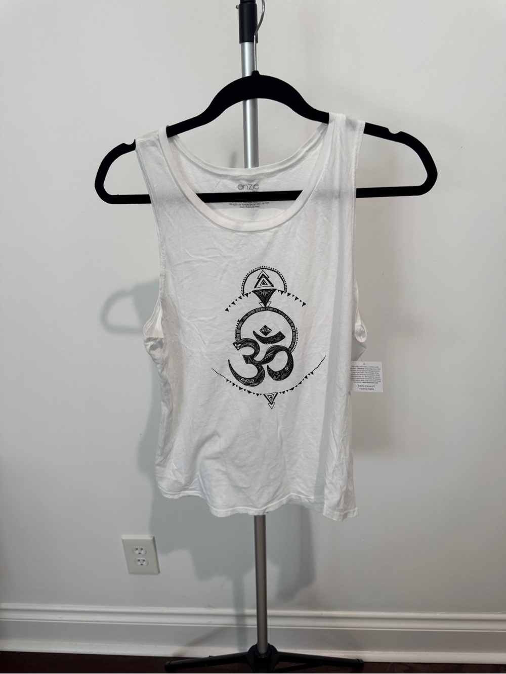 Onzie White Tank Top with Black Om Graphic